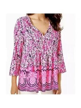 Lilly Pulitzer Marilina High Tide Navy Citrus Kiss Engineered Tunic Top Size XXS